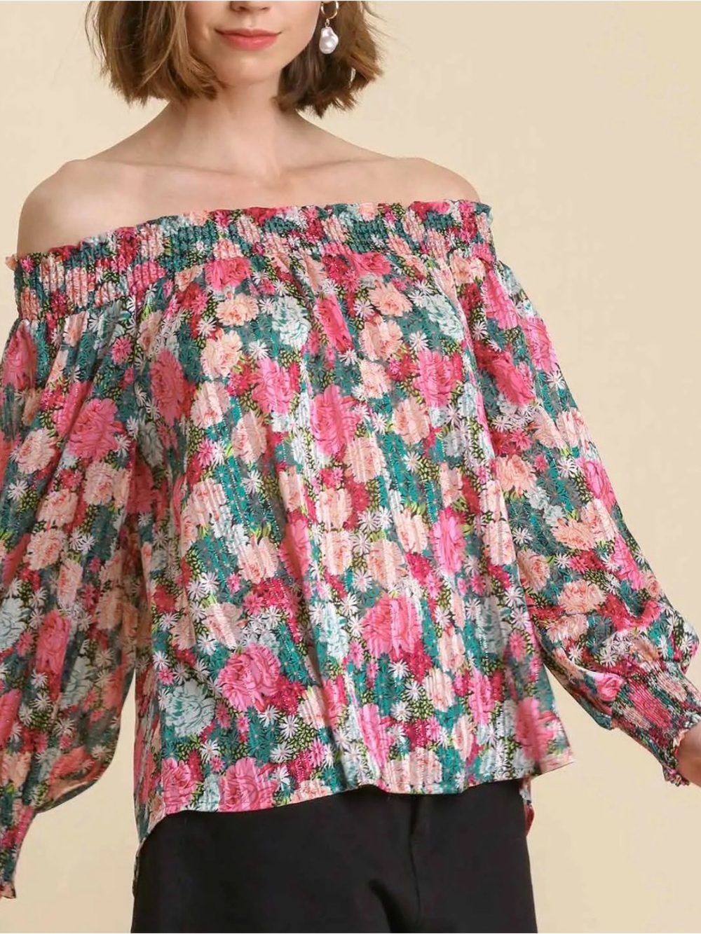 Umgee Sheer Floral Print Metallic Threading Long Sleeve Off Shoulder Top
